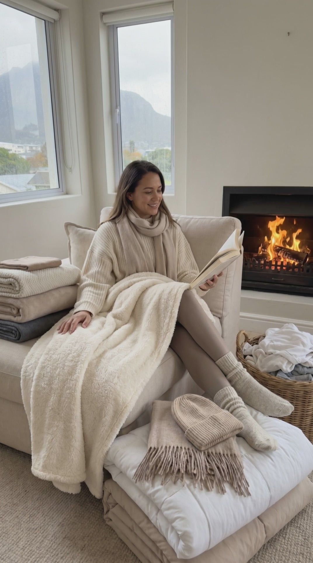 Load video: cozy fireplace with neatly laundered blankets