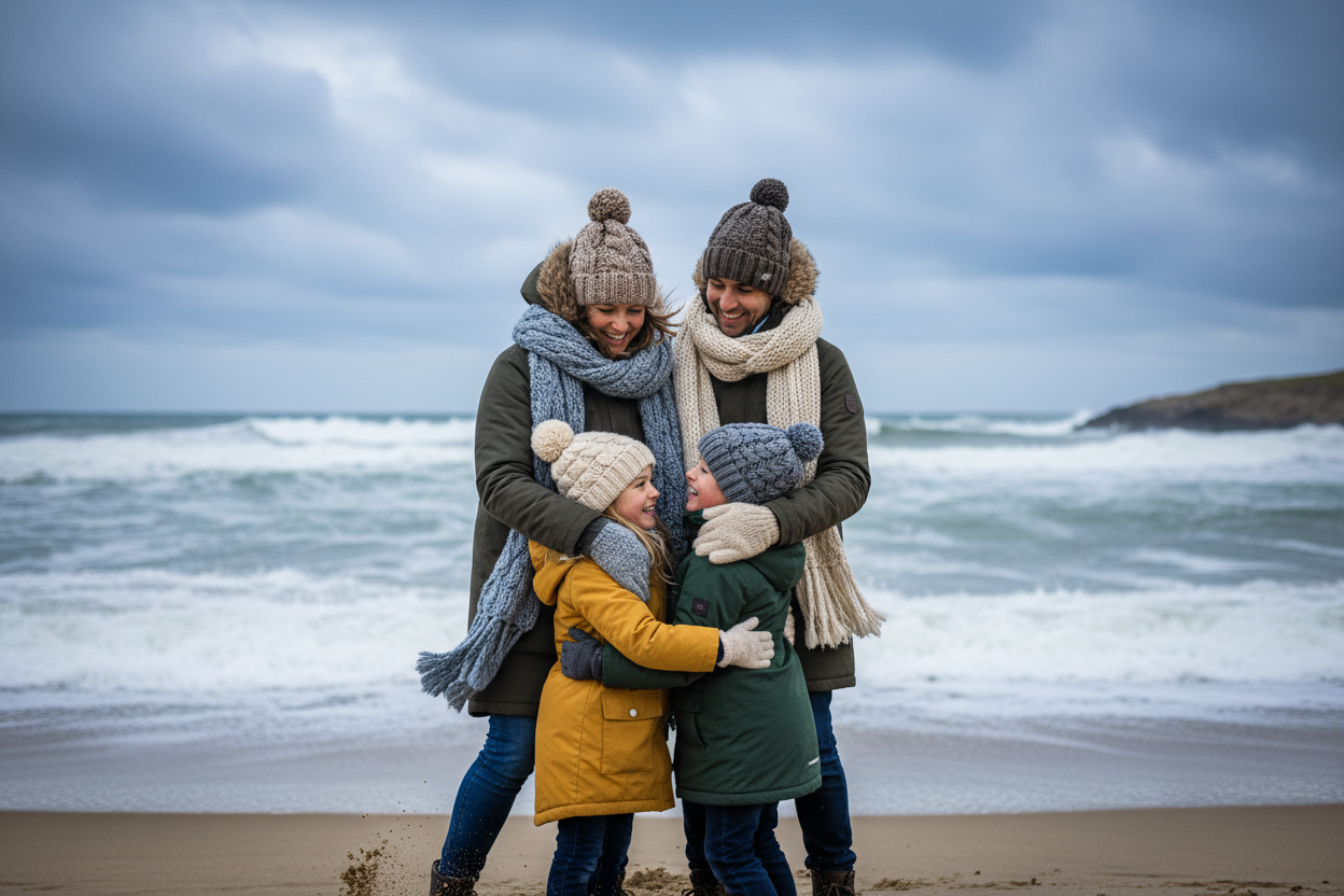 family all bundled up in heavy winter clothing